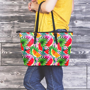 Colorful Leaf Watermelon Pattern Print Leather Tote Bag