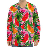 Colorful Leaf Watermelon Pattern Print Long Sleeve Baseball Jersey