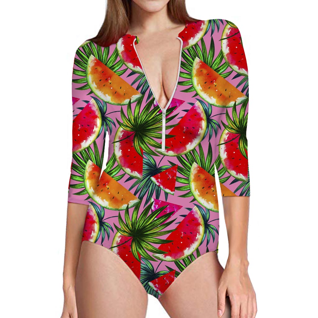 Colorful Leaf Watermelon Pattern Print Long Sleeve Swimsuit