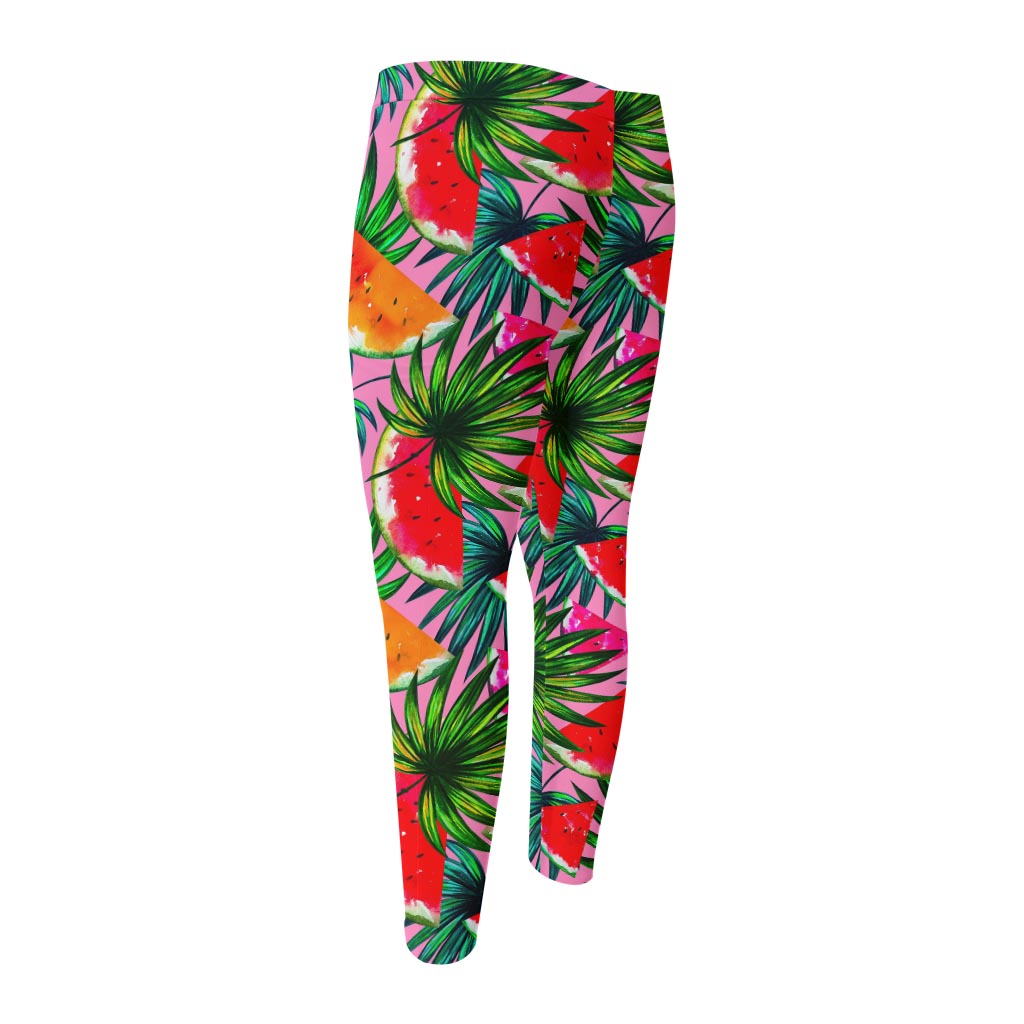 Colorful Leaf Watermelon Pattern Print Men's Compression Pants