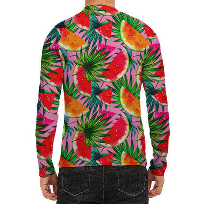 Colorful Leaf Watermelon Pattern Print Men's Long Sleeve Rash Guard