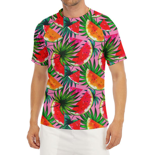 Colorful Leaf Watermelon Pattern Print Men's Short Sleeve Rash Guard