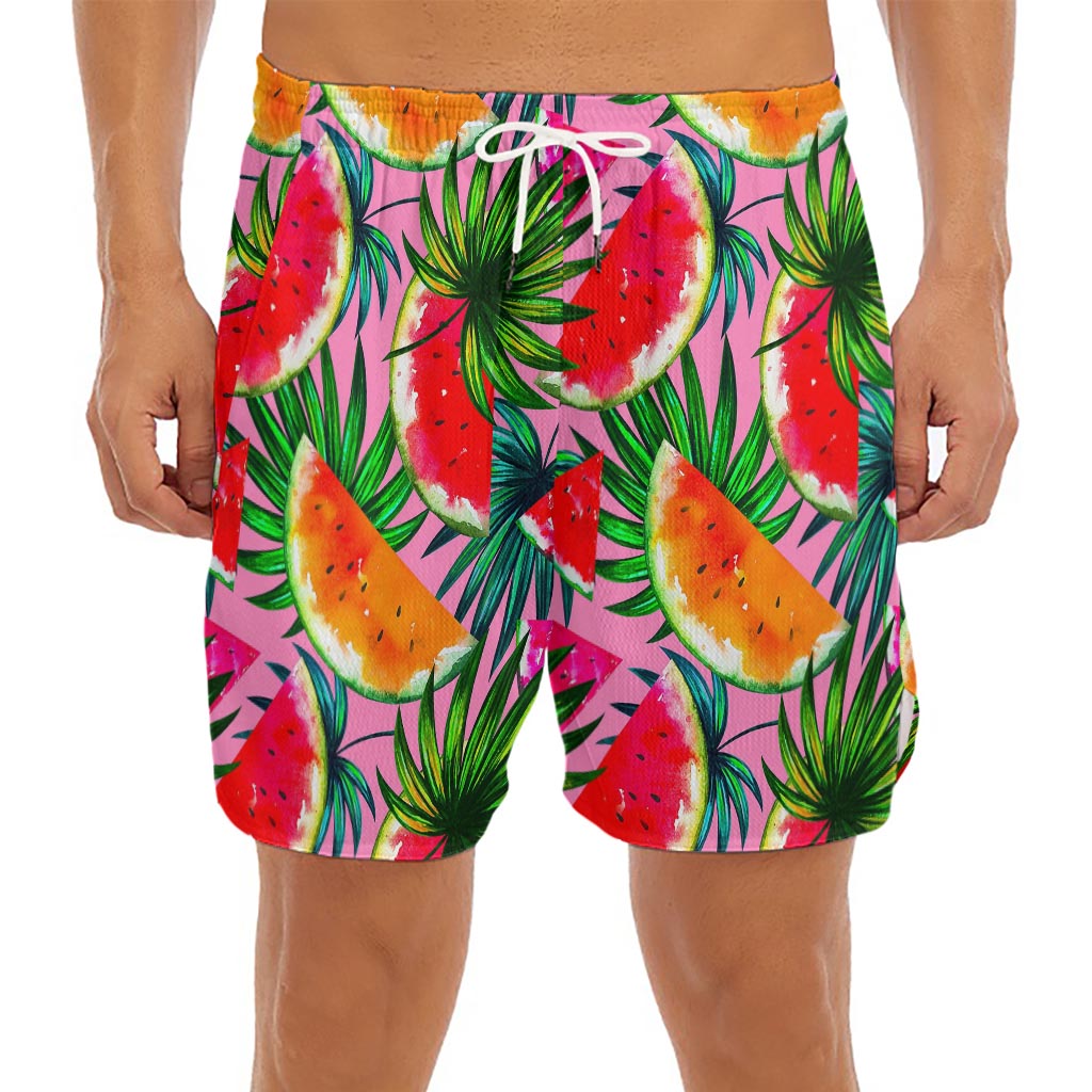 Colorful Leaf Watermelon Pattern Print Men's Split Running Shorts