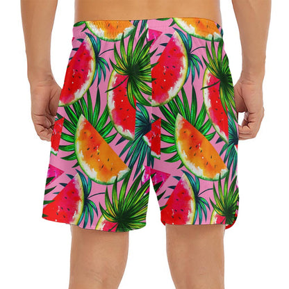 Colorful Leaf Watermelon Pattern Print Men's Split Running Shorts
