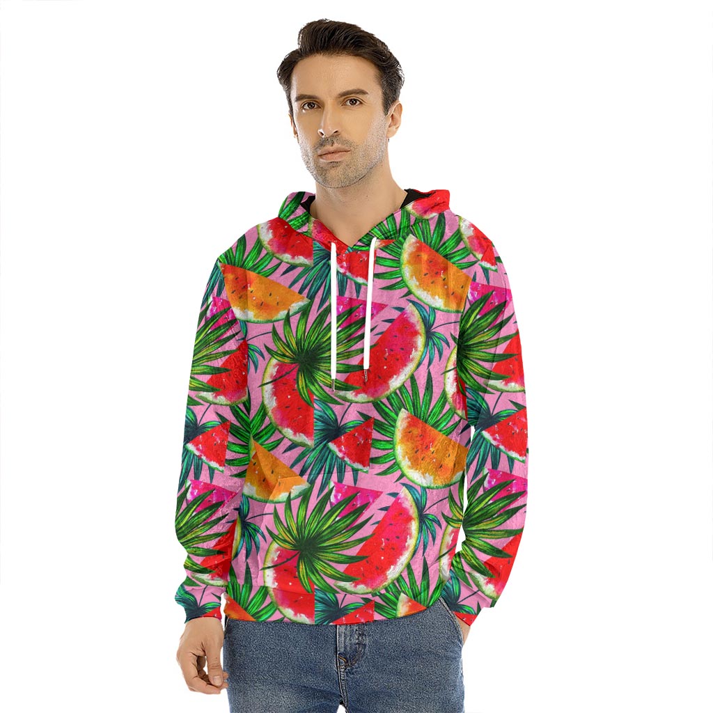 Colorful Leaf Watermelon Pattern Print Men's Velvet Pullover Hoodie