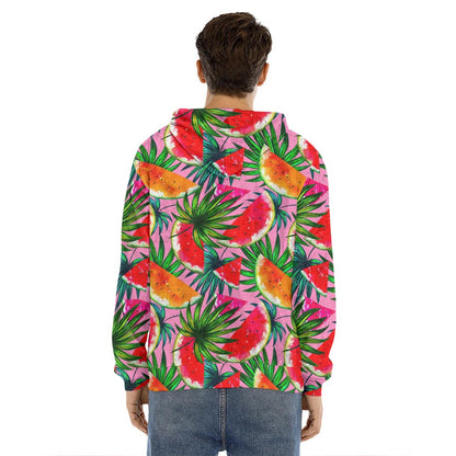 Colorful Leaf Watermelon Pattern Print Men's Velvet Pullover Hoodie