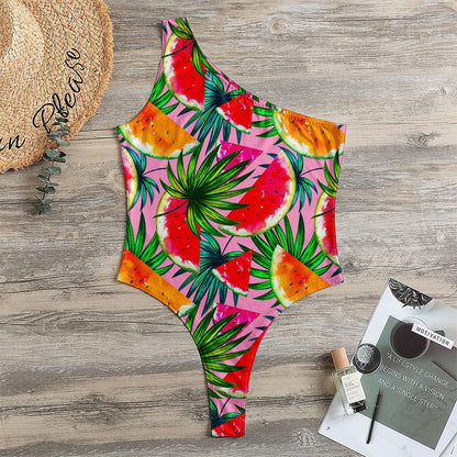 Colorful Leaf Watermelon Pattern Print One Shoulder Bodysuit