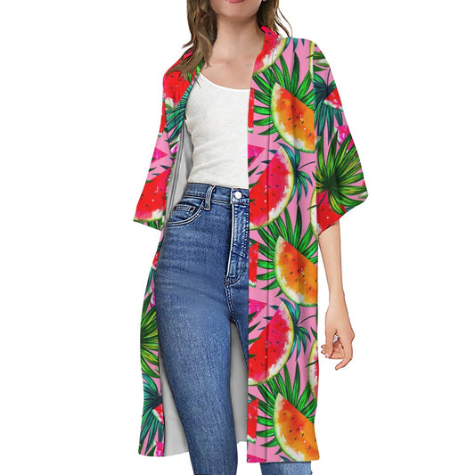 Colorful Leaf Watermelon Pattern Print Open Front Beach Cover Up