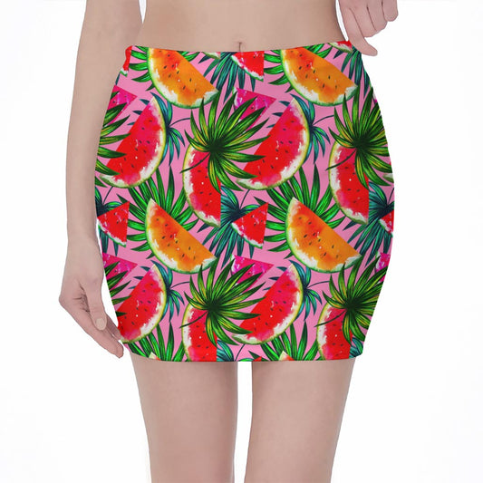 Colorful Leaf Watermelon Pattern Print Pencil Mini Skirt