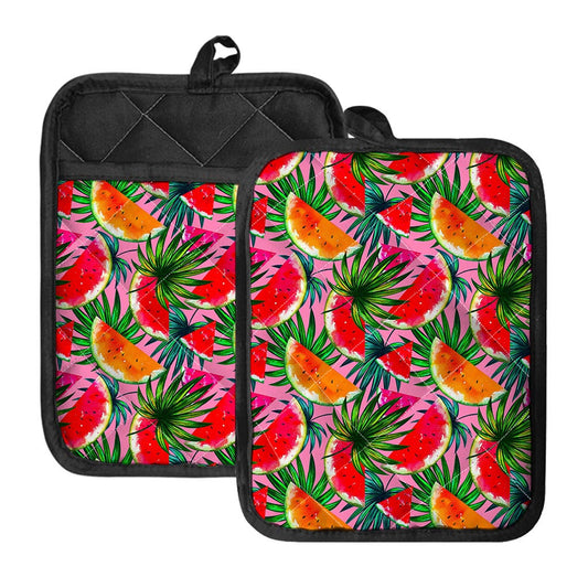 Colorful Leaf Watermelon Pattern Print Pot Holders With Pocket