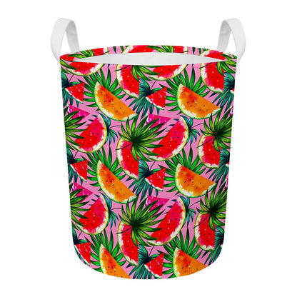 Colorful Leaf Watermelon Pattern Print Round Laundry Basket