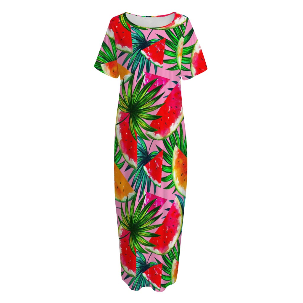 Colorful Leaf Watermelon Pattern Print Short Sleeve Long Nightdress