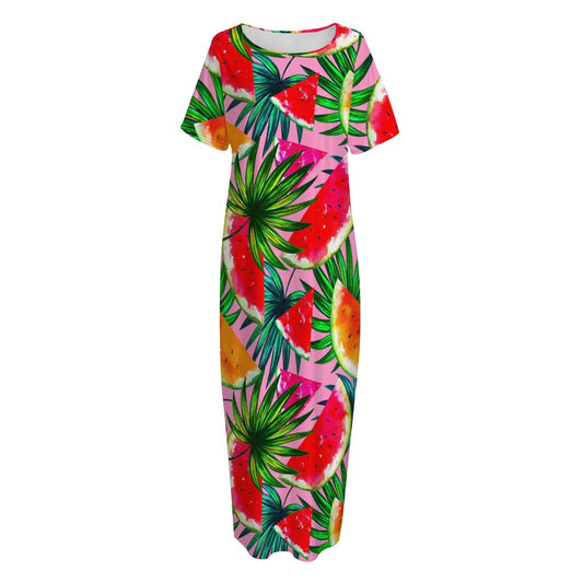 Colorful Leaf Watermelon Pattern Print Short Sleeve Long Nightdress