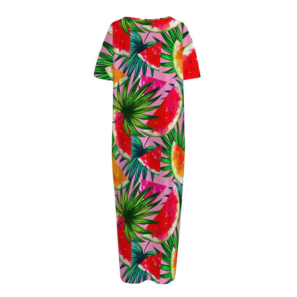 Colorful Leaf Watermelon Pattern Print Short Sleeve Long Nightdress