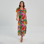 Colorful Leaf Watermelon Pattern Print Short Sleeve Maxi Dress