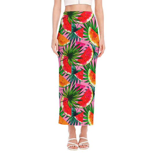 Colorful Leaf Watermelon Pattern Print Side Slit Maxi Skirt