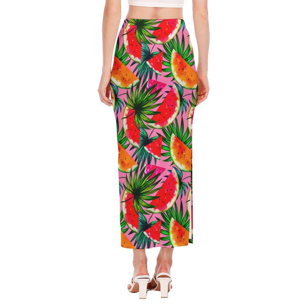 Colorful Leaf Watermelon Pattern Print Side Slit Maxi Skirt