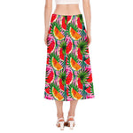 Colorful Leaf Watermelon Pattern Print Side Slit Midi Skirt