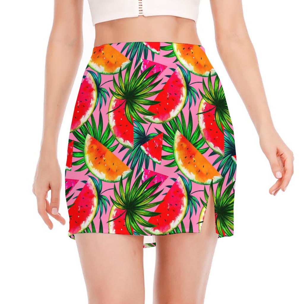 Colorful Leaf Watermelon Pattern Print Side Slit Mini Skirt