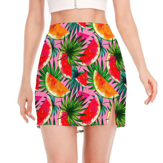 Colorful Leaf Watermelon Pattern Print Side Slit Mini Skirt