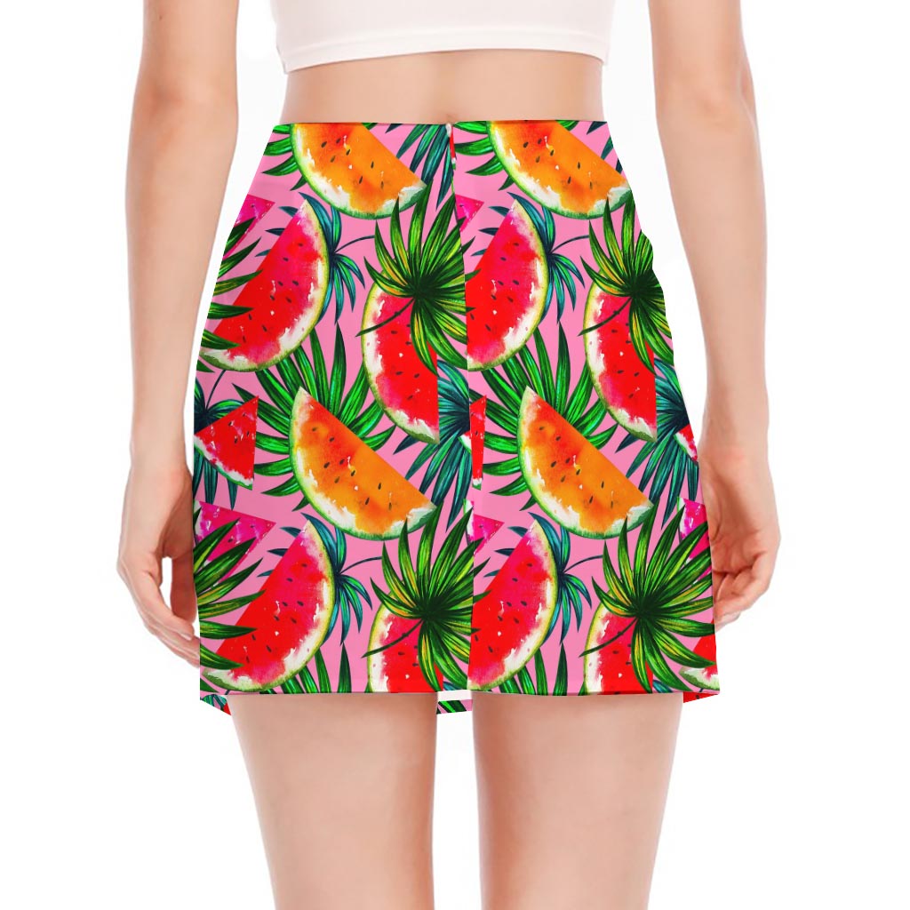 Colorful Leaf Watermelon Pattern Print Side Slit Mini Skirt