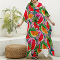 Colorful Leaf Watermelon Pattern Print Silk V-Neck Kaftan Dress