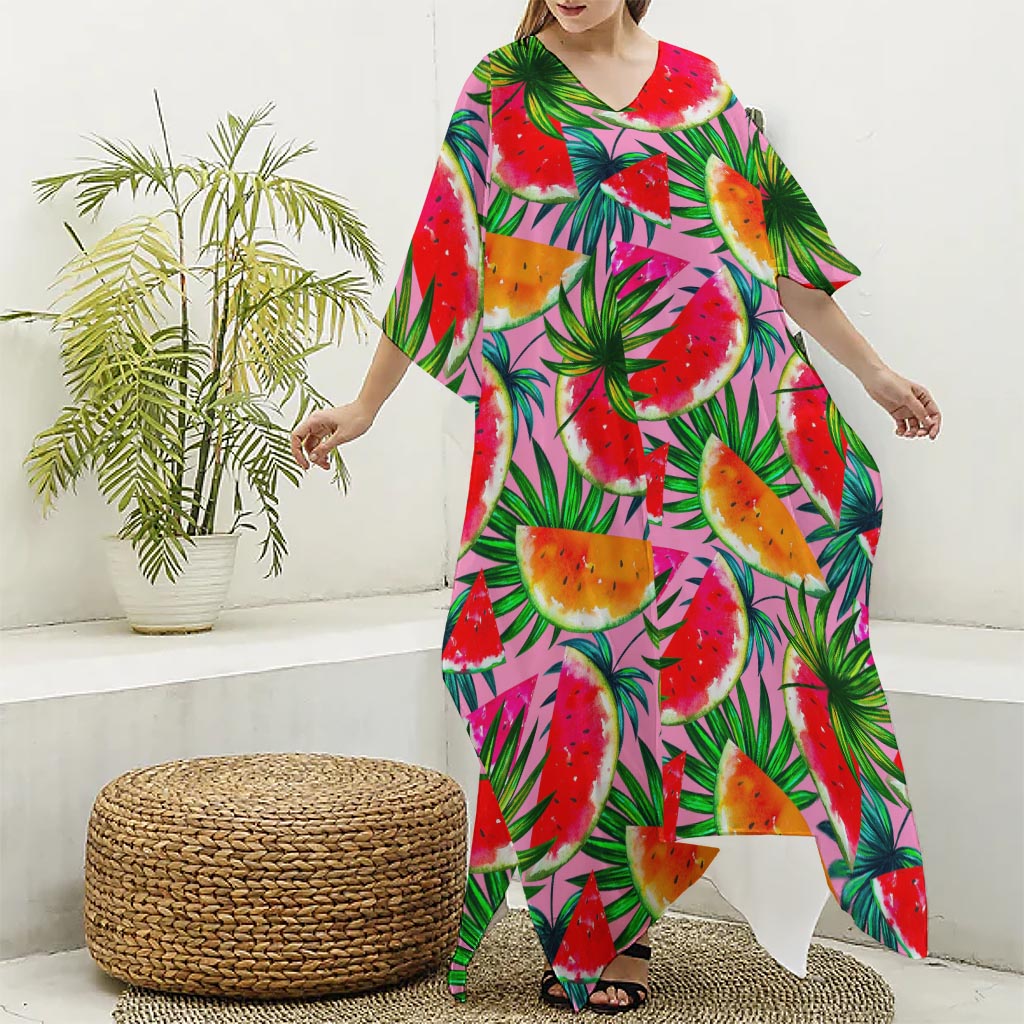 Colorful Leaf Watermelon Pattern Print Silk V-Neck Kaftan Dress
