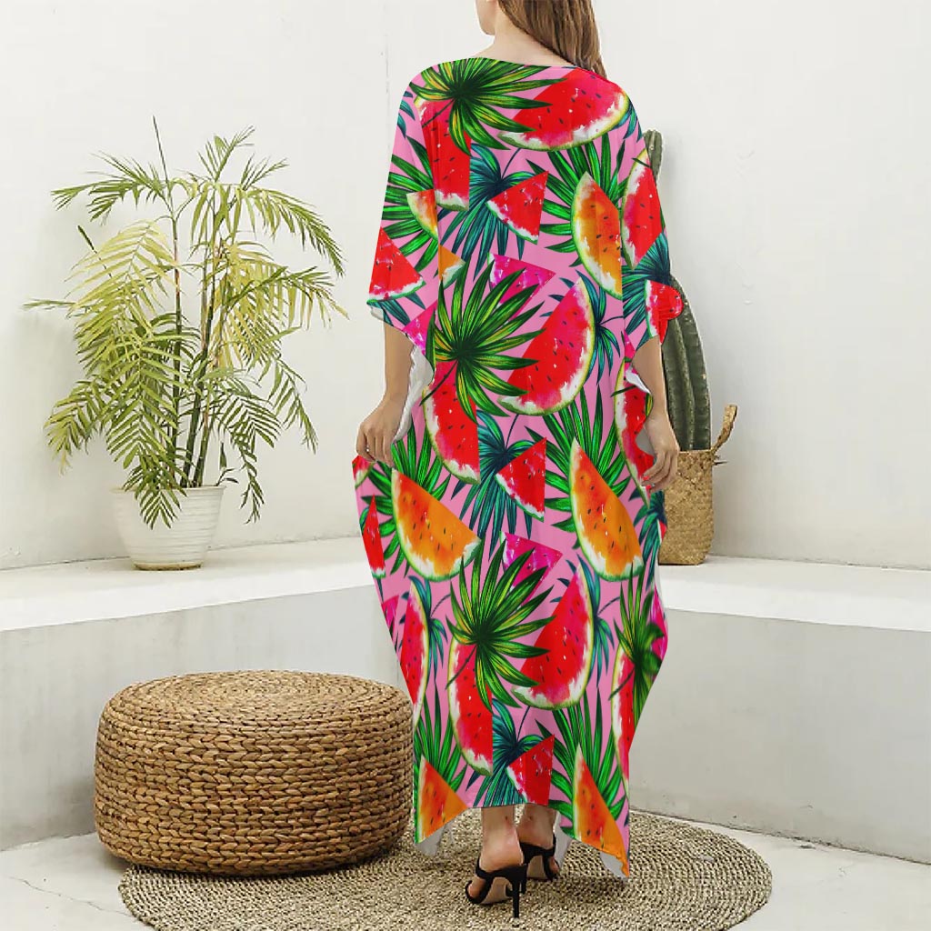 Colorful Leaf Watermelon Pattern Print Silk V-Neck Kaftan Dress