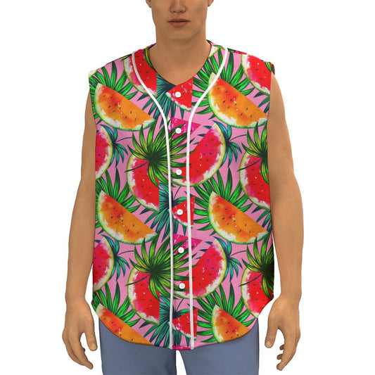 Colorful Leaf Watermelon Pattern Print Sleeveless Baseball Jersey