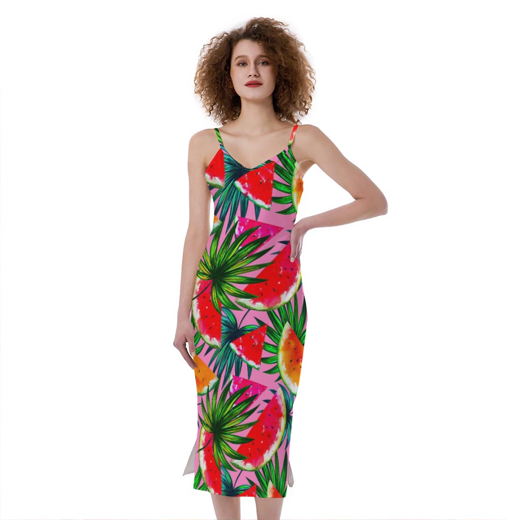 Colorful Leaf Watermelon Pattern Print Slim Fit Midi Cami Dress