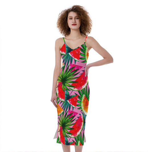Colorful Leaf Watermelon Pattern Print Slim Fit Midi Cami Dress