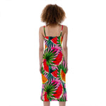 Colorful Leaf Watermelon Pattern Print Slim Fit Midi Cami Dress