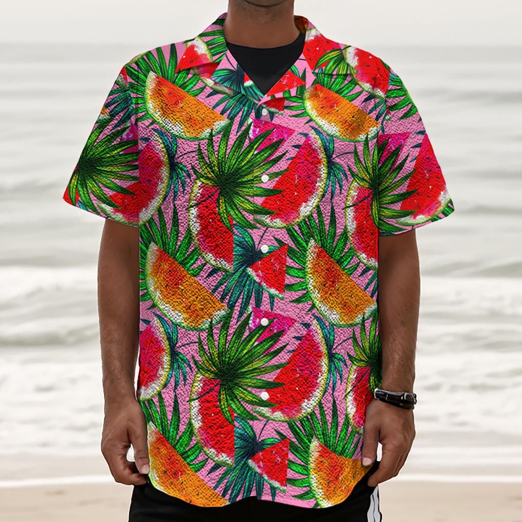 Colorful Leaf Watermelon Pattern Print Textured Short Sleeve Shirt