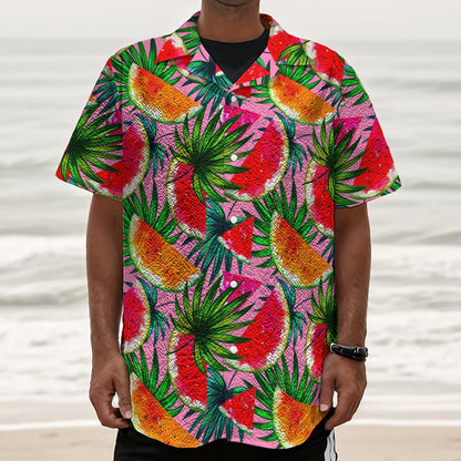Colorful Leaf Watermelon Pattern Print Textured Short Sleeve Shirt