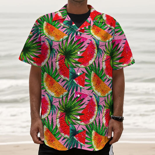 Colorful Leaf Watermelon Pattern Print Textured Short Sleeve Shirt