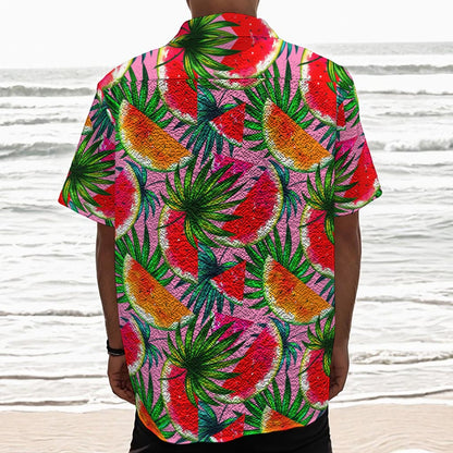 Colorful Leaf Watermelon Pattern Print Textured Short Sleeve Shirt