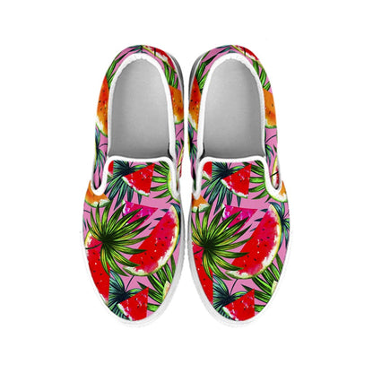 Colorful Leaf Watermelon Pattern Print White Slip On Sneakers