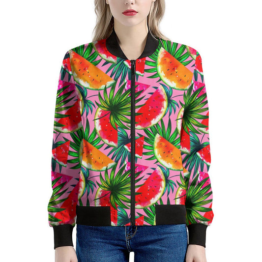 Colorful Leaf Watermelon Pattern Print Women's Bomber Jacket