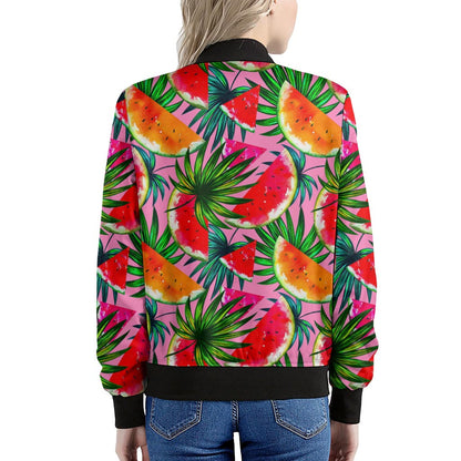 Colorful Leaf Watermelon Pattern Print Women's Bomber Jacket