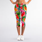Colorful Leaf Watermelon Pattern Print Women's Capri Leggings