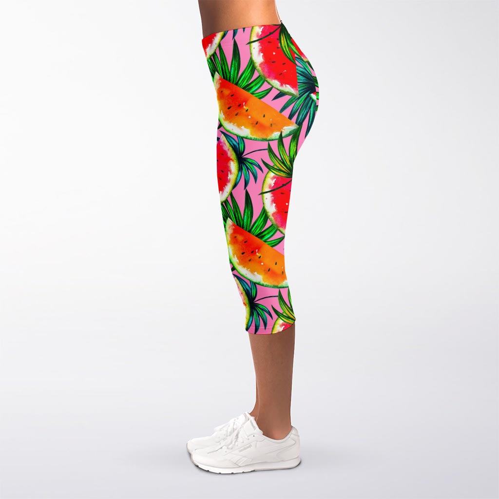 Colorful Leaf Watermelon Pattern Print Women's Capri Leggings