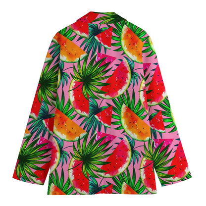 Colorful Leaf Watermelon Pattern Print Women's Cotton Blazer