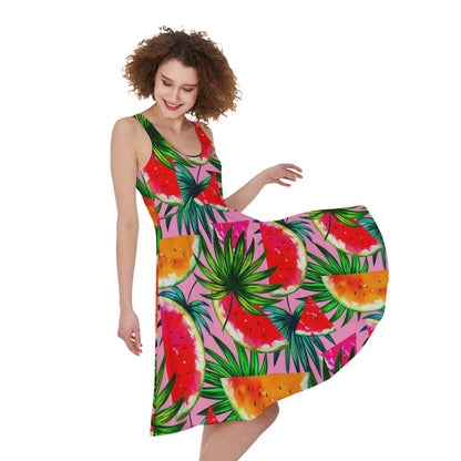 Colorful Leaf Watermelon Pattern Print Women's Sleeveless Dress