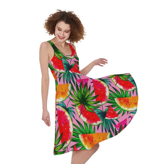 Colorful Leaf Watermelon Pattern Print Women's Sleeveless Dress