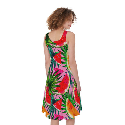 Colorful Leaf Watermelon Pattern Print Women's Sleeveless Dress