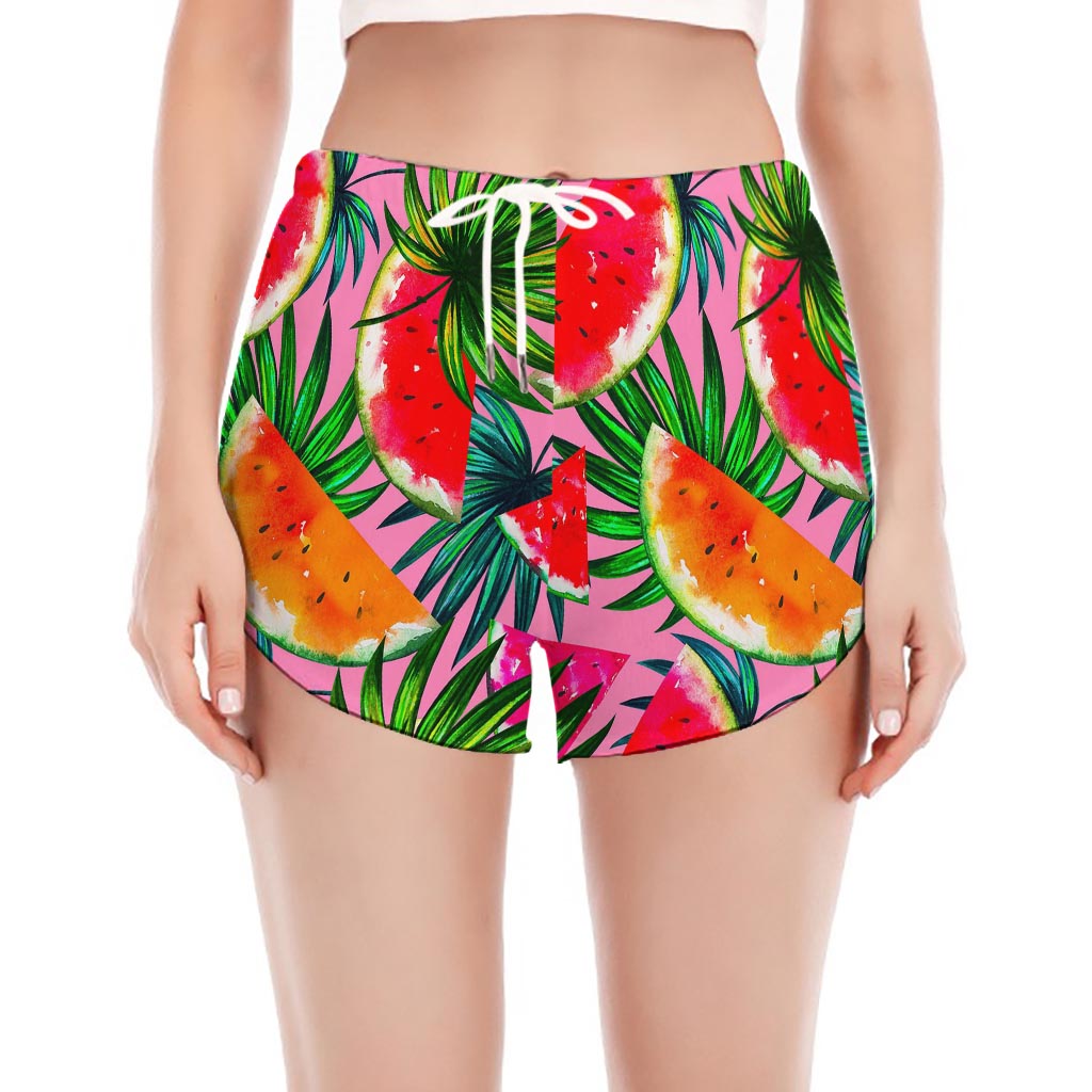 Colorful Leaf Watermelon Pattern Print Women's Split Running Shorts