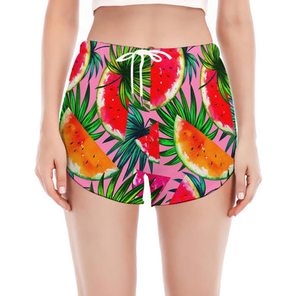 Colorful Leaf Watermelon Pattern Print Women's Split Running Shorts