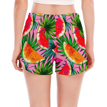 Colorful Leaf Watermelon Pattern Print Women's Split Running Shorts