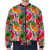 Colorful Leaf Watermelon Pattern Print Zip Sleeve Bomber Jacket