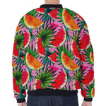 Colorful Leaf Watermelon Pattern Print Zip Sleeve Bomber Jacket